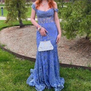 Windsor Purple Glitter Lace Prom Dress